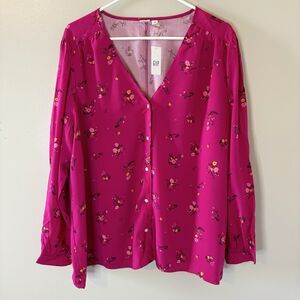 NEW Gap Womens Pink Floral Blouse Long Sleeve V-neck Button Top Sz XXL